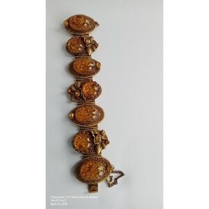 Vintage Amber Gold Tone Panel Bracelet Koi Fish Accents Statement Jewelry